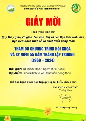 Giấy mời tham dự chương trình Hội khoa, Khoa Kinh tế và Phát triển nông thôn